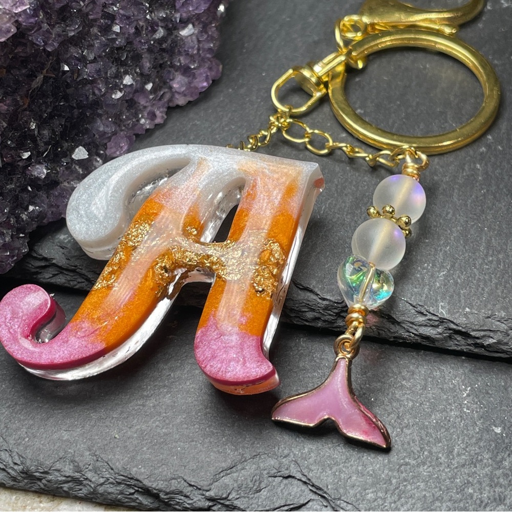 Custom Orange, Pink and Cream Letter “A” Keychain with Gold Accents - Picture 7 of 12